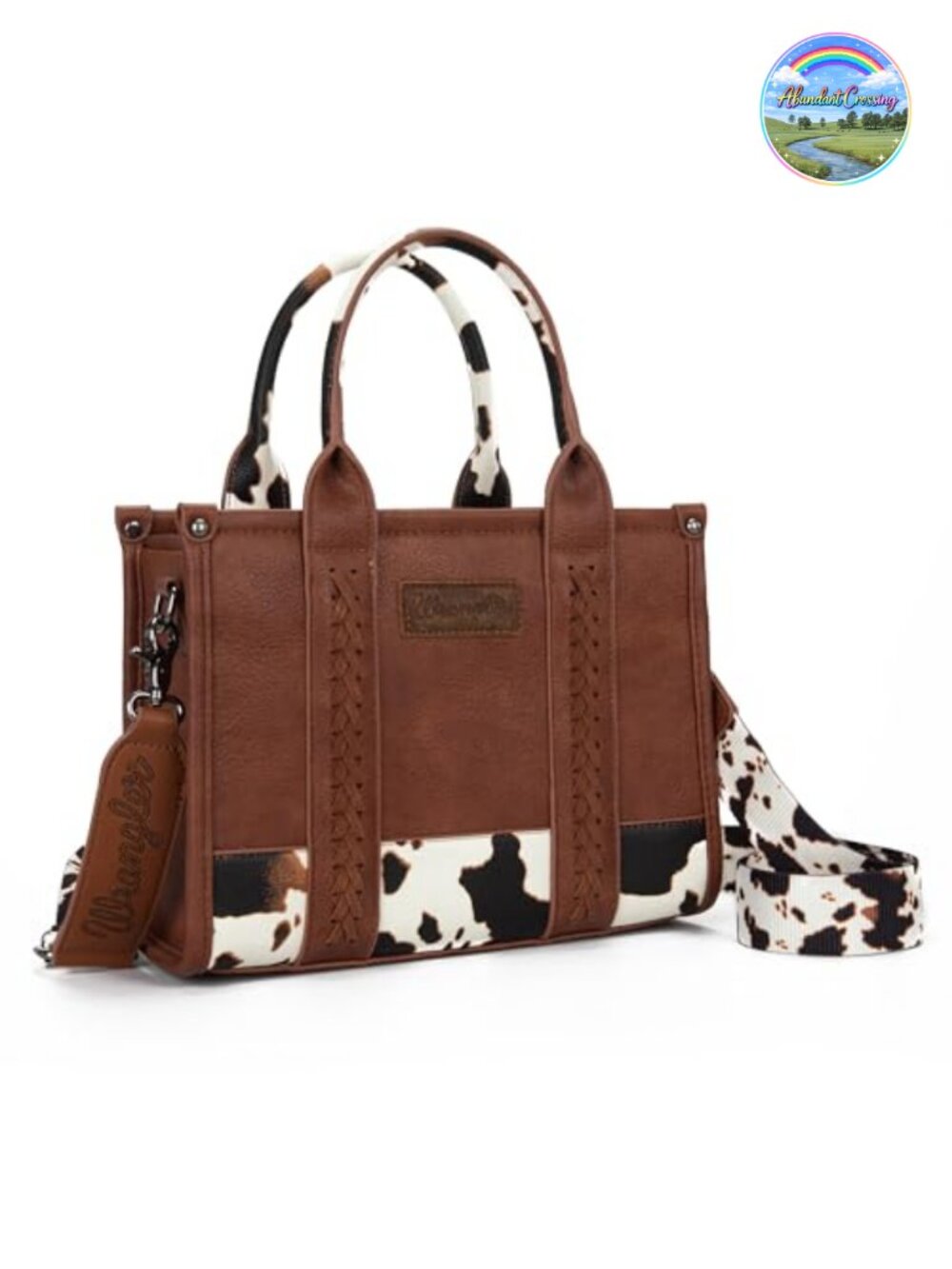Western Cow Print Tote Purse with Whipstitch Faux Leather
